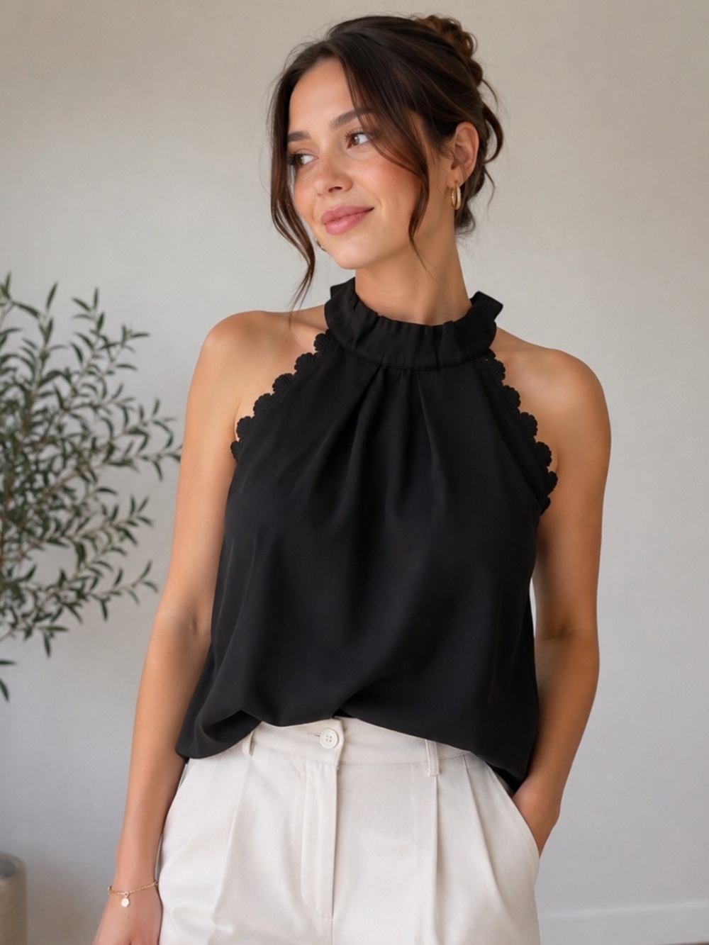 Peach Royal Black Sleeveless High Neck Blouse Scalloped Trim Size S Minimalist